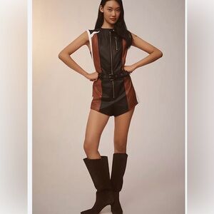 NWOT Anthropologie Faux Leather Sleeveless Black Romper with Brown Trim Size M